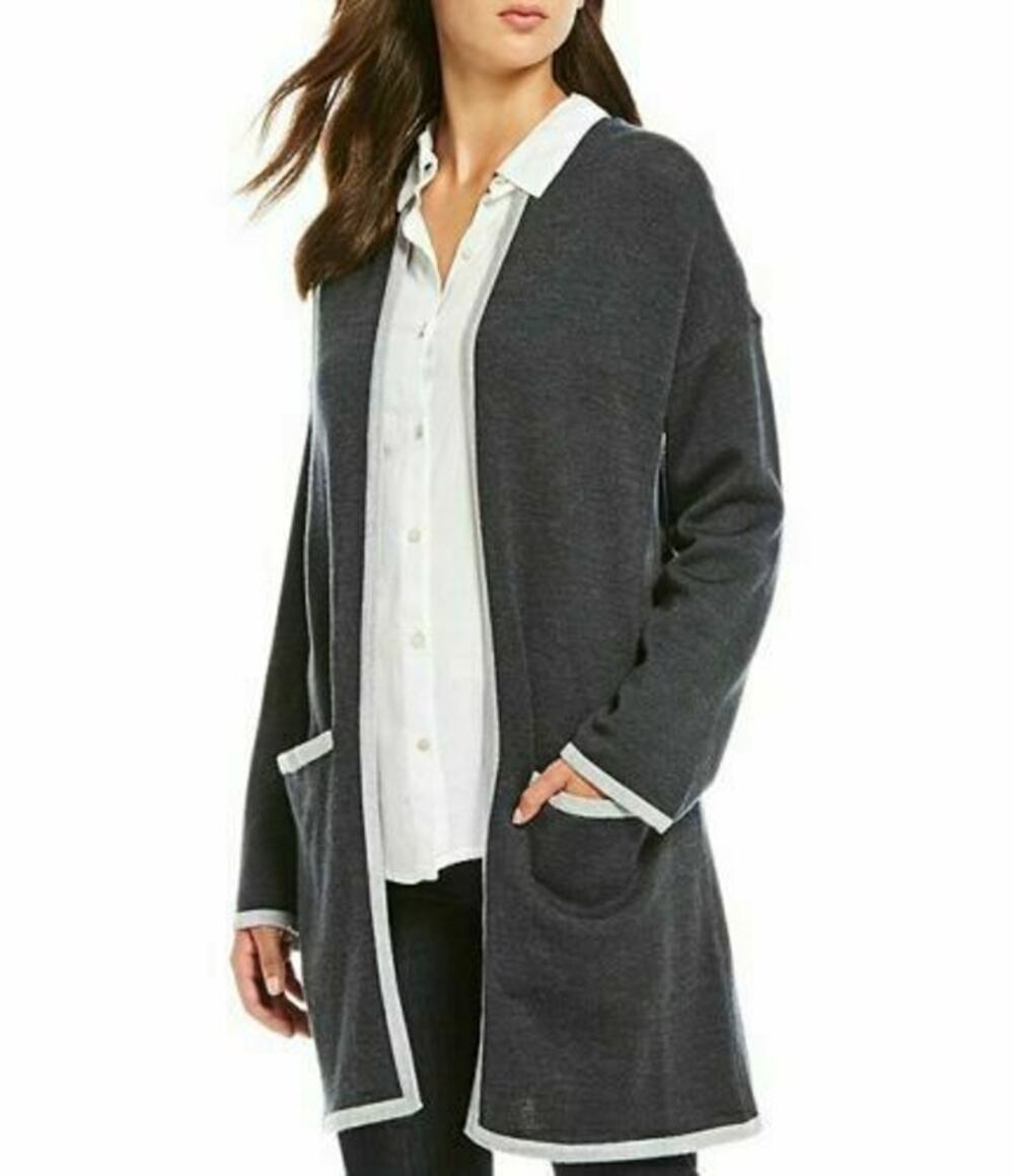 Eileen Fisher Merino Wool Jersey Edged Long Sleeve Cardigan Open Front Topper